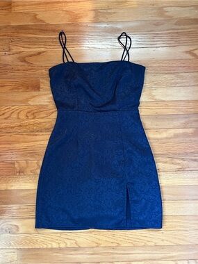 Lucy in the Sky Navy Blue Jacquard Mini Dress with Spaghetti Straps